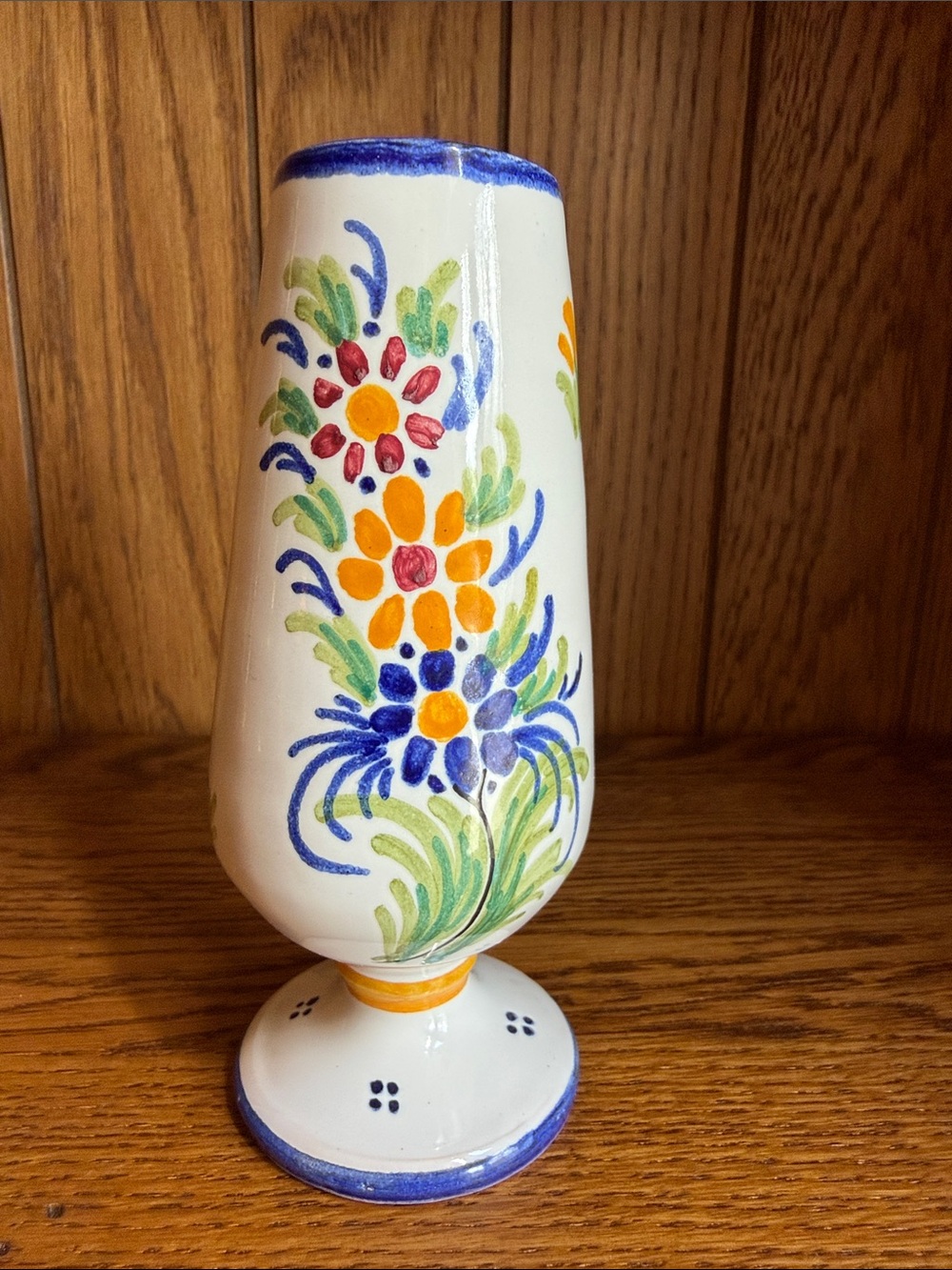Hand-Painted in Spain Talavera White Ceramic Bud Vase Blue and Yellow Flowers